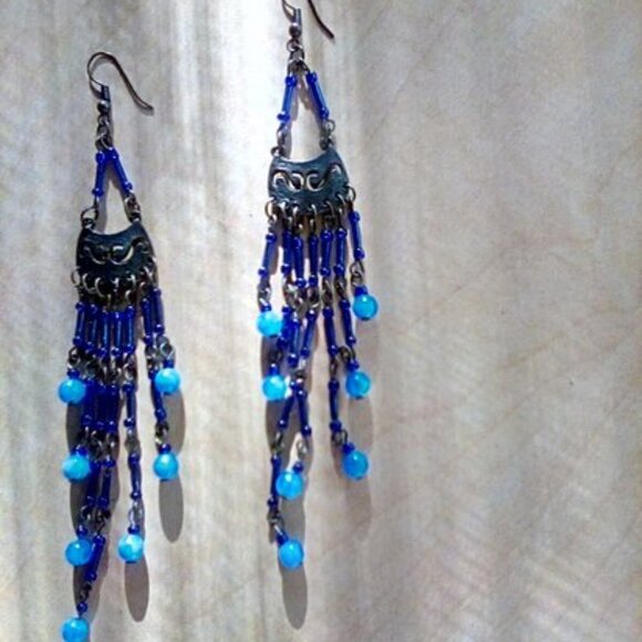 Exotic Royal Blue 7 Strand beaded Earrings 5" long - Picture 2 of 5